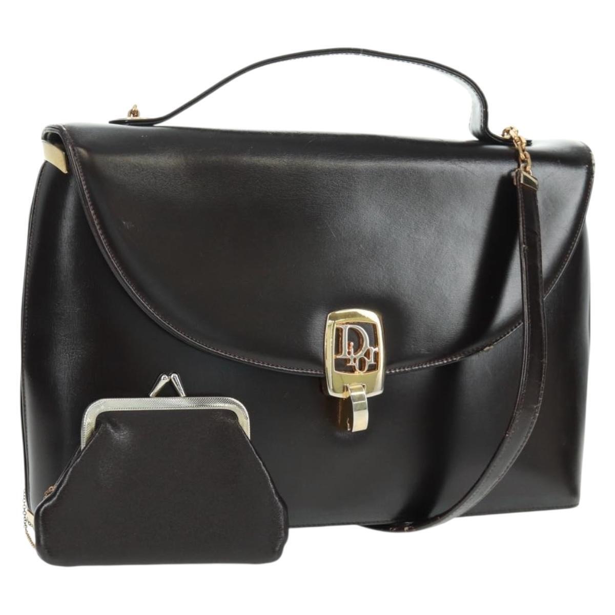 Christian Dior Hand Bag Calf Skin 2way Black Gold Auth 160831